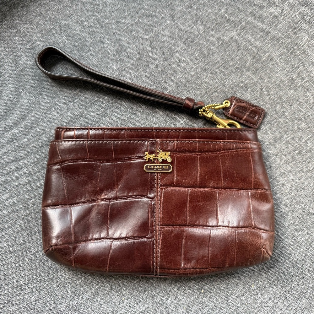 Coach Dark Brown Croc Embossed Wallet Wristlet